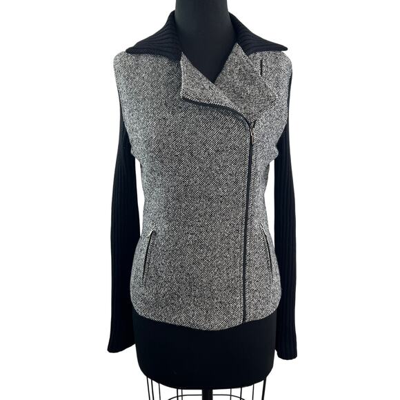 Luisa Spagnoli Gray Black Moto Jacket Tweed Knit Collared Asymmetric Zip Size 46 - Picture 1 of 9